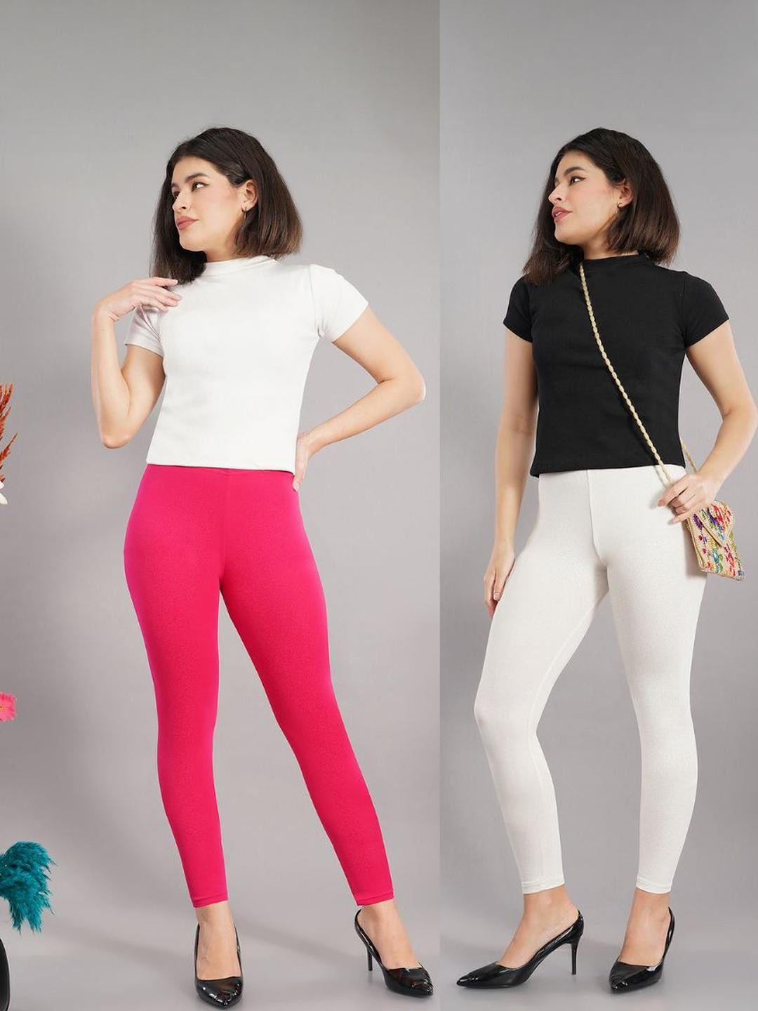 Avaasa Buy Shruthi Pack of 2 Rose & Off White Viscose Rayon Ankle Length Leggings