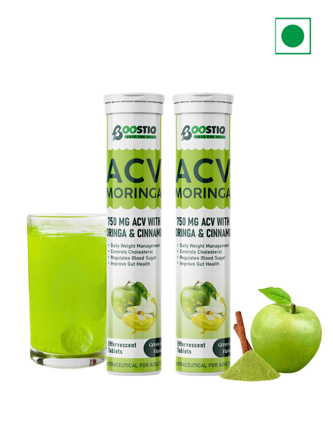 Boostiq Set Of 2 Apple Cider Vinegar ACV Moringa Tablets- 15 Tablets Each- Green Apple