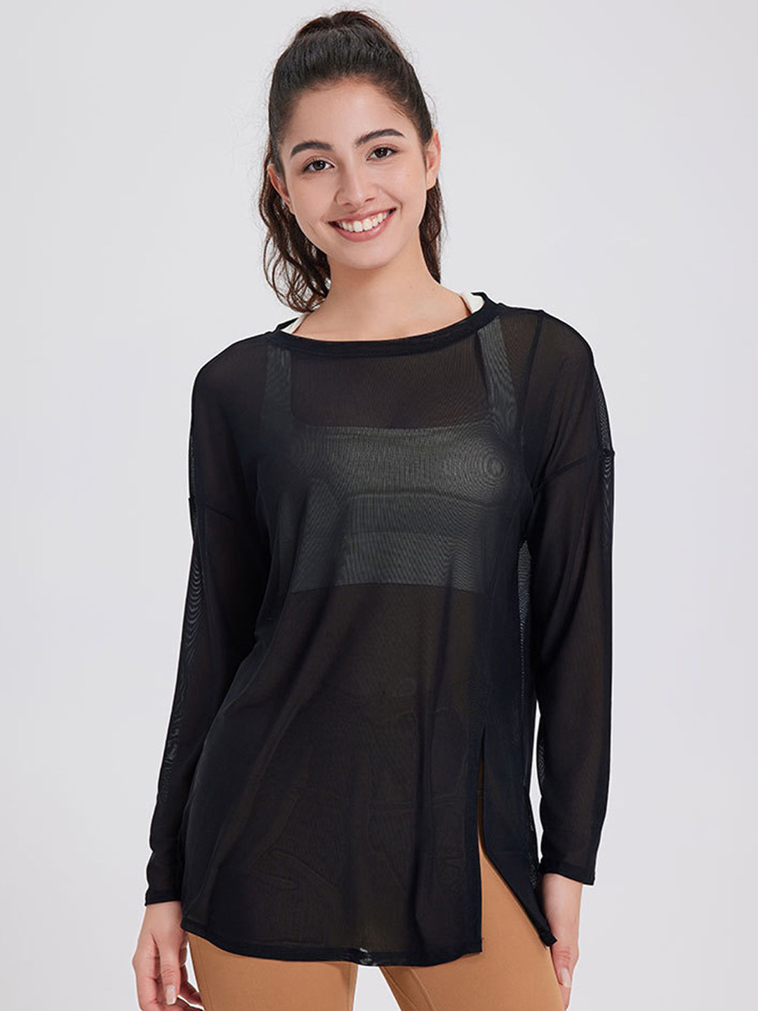 LULU & SKY Women Solid Boat Neck Transparent Slit Sports Top