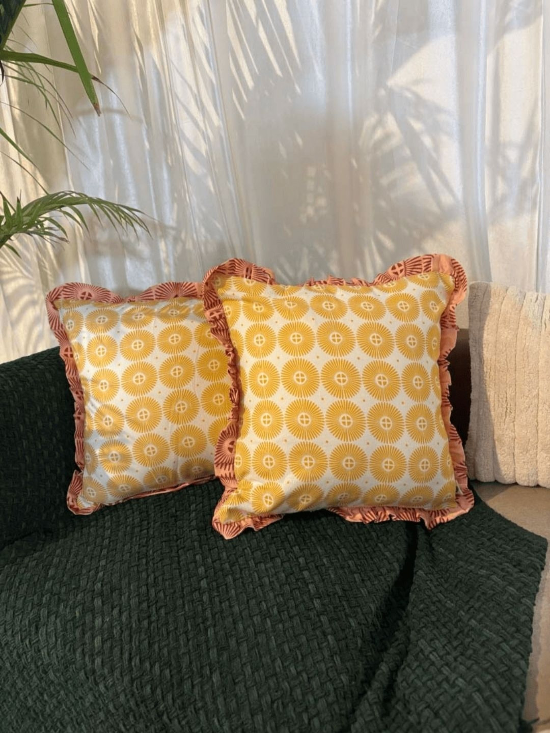 LUSHLYF Sundrop Ruffle Yellow & White 2 Pieces Printed Cotton Square Cushion Covers