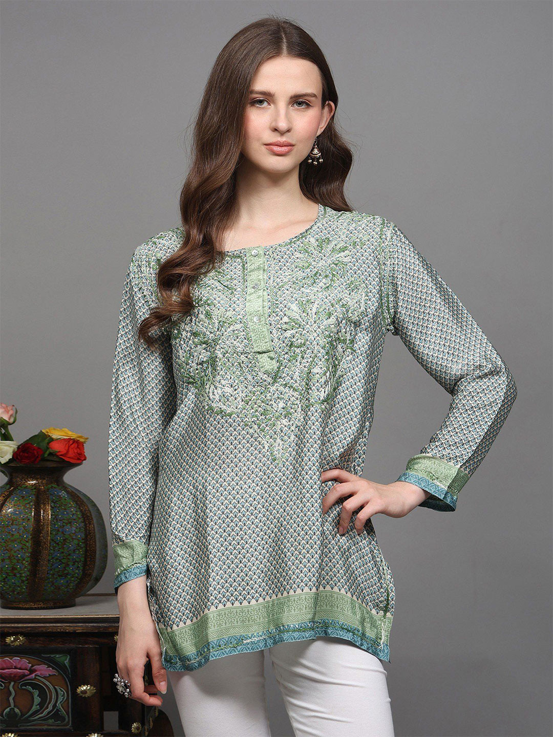 Exotic India Women Embroidered Crepe Short Kurti With Printed Bootis