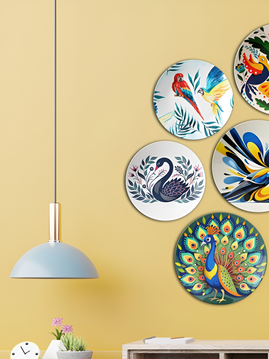 THE QUIRKY HOME Parrots, Swans, and Peacock Crafted Ceramics Glossy 5Pcs Wall Plates-10In