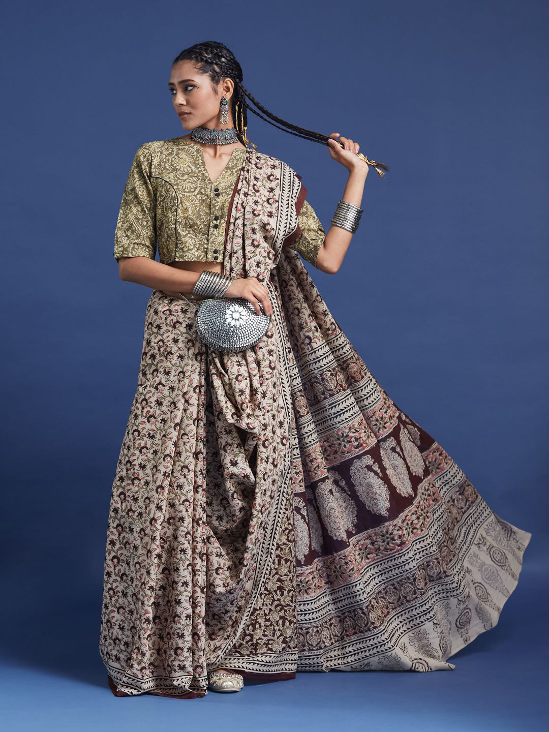 Taavi Women Hand Block Printed Kalamkari Saree With Geometric Borders & Classic Motifs