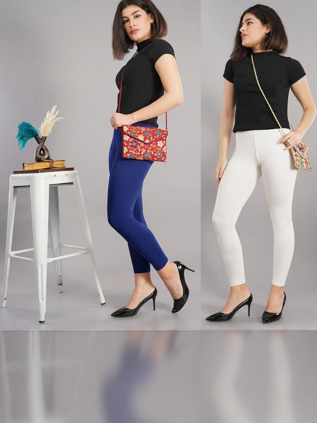 Avaasa Buy Shruthi Pack of 2 Blue White Viscose Rayon Ankle Length Leggings