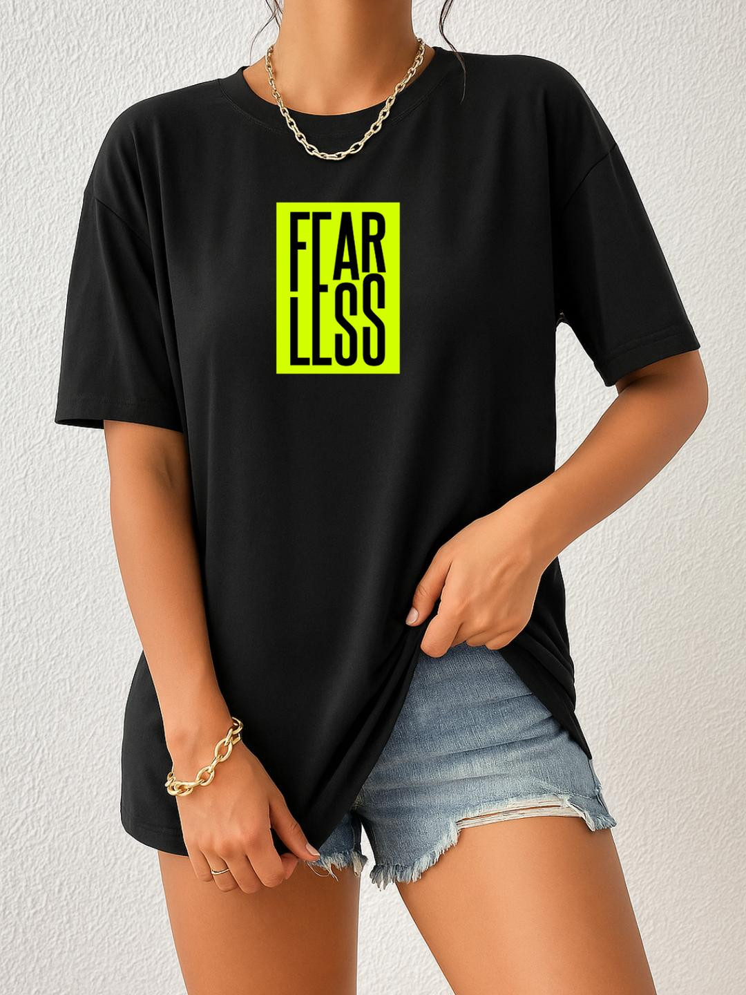 Women Black Fearless Typography Oversized T-Shirt
