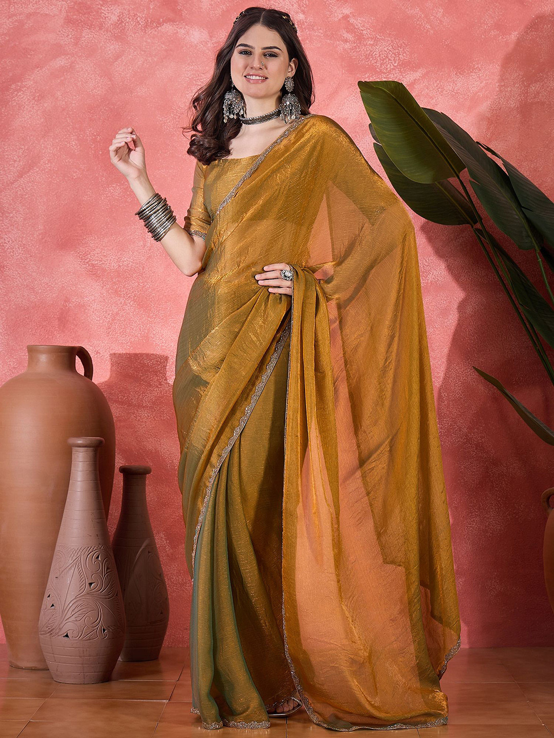 Sangria Beads and Stones Embellished Border Soft & Comfortable Saree With Blouse Piece