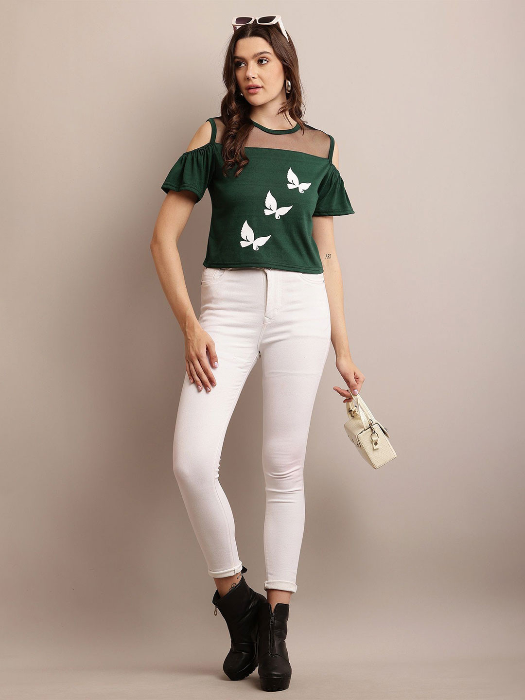 Raabta Fashion Women Graphic Printed Cold-Shoulder Sleeves Semi Sheer Crop Top