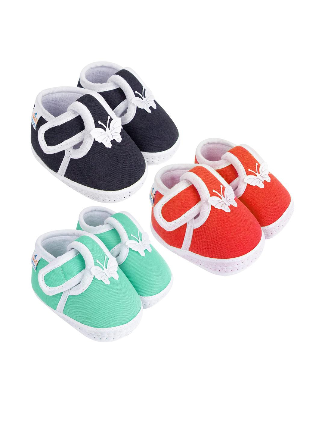 Neska Moda 0 To 12 Months Baby Boys & Baby Girls 3 Pair Combo Soft Cotton Butterfly Velcro Booties (Toe to Heel Length - 12 cm, Black, Red, Light Green)