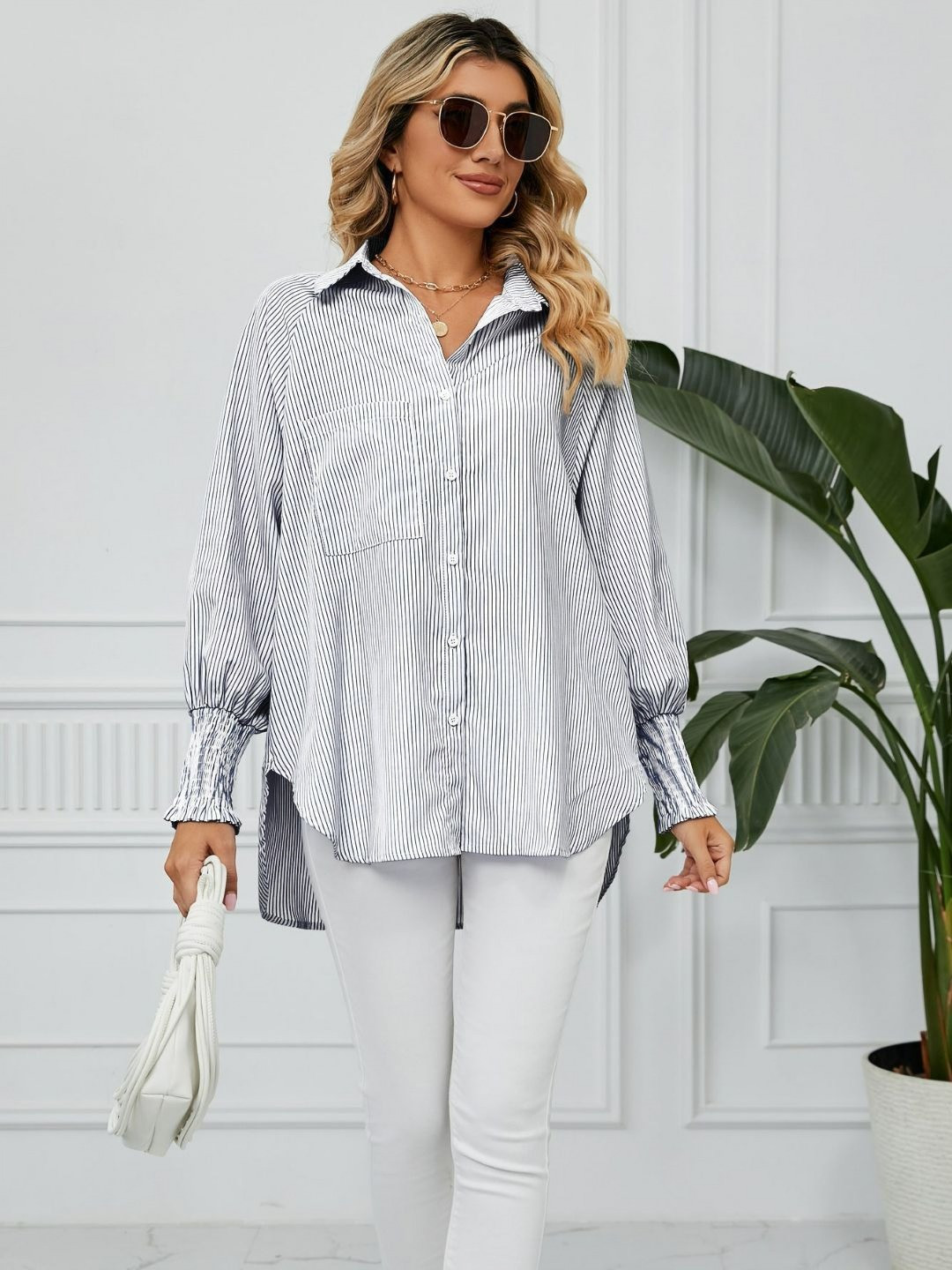 Oh Rare Vertical Stripes Spread Collar High-Low Shirt