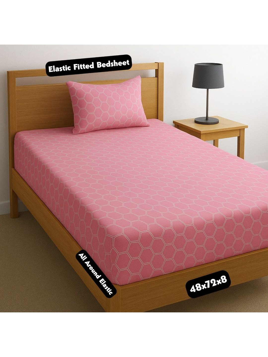 AMRANGE Pink & White Printed Fitted Microfiber 180 TC Singal Bedsheet Set 1.2m x 1.8m