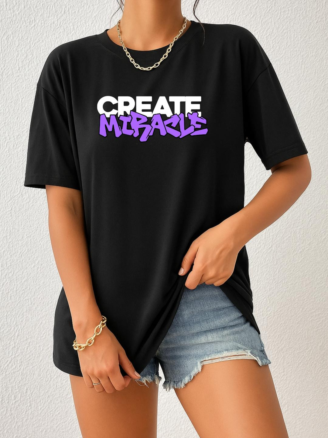 Women Black Create Miracle Typography Oversized T-Shirt