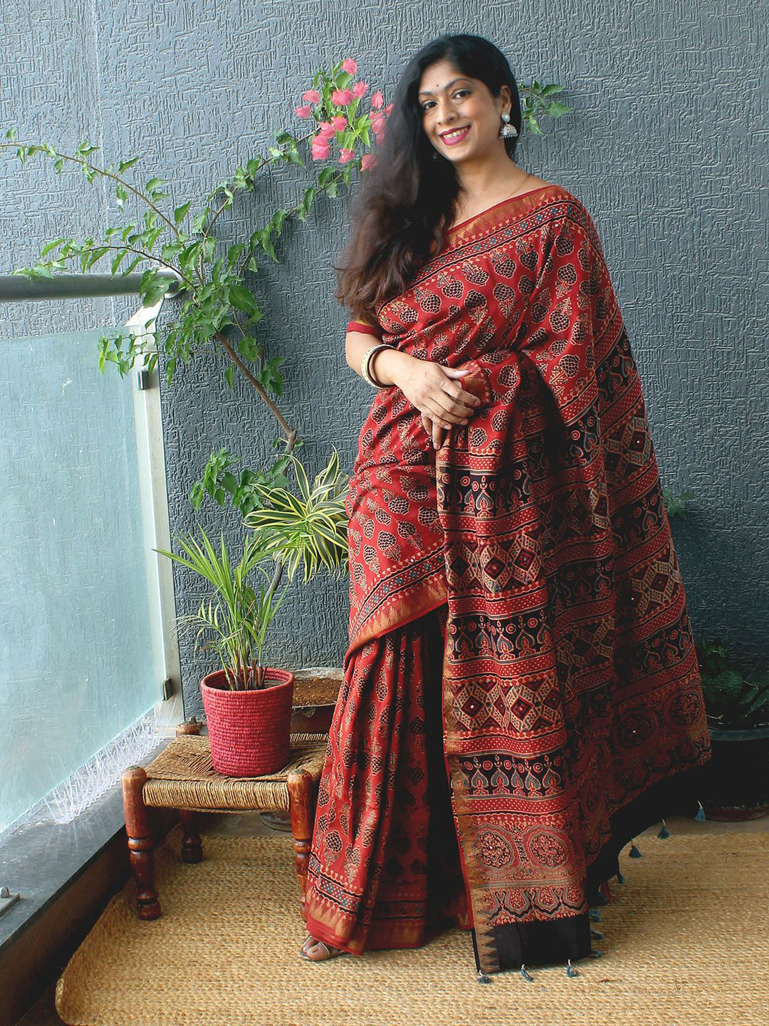 Weaves of Tradition Block Print Silk Cotton Ajrak Zari Saree