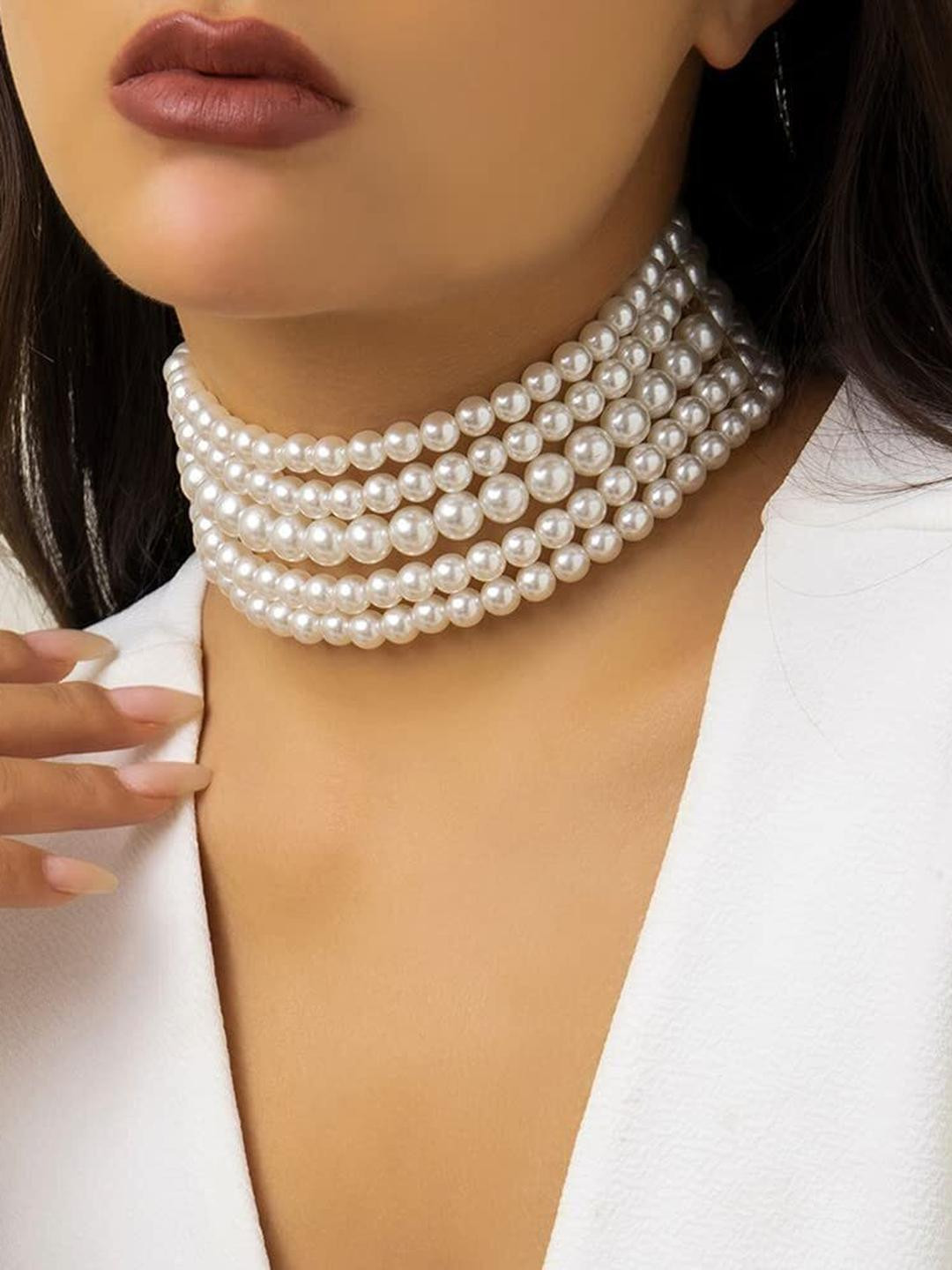 ISLANA Women White Silver-Plated Artificial Beads Handcrafted Statement Necklace