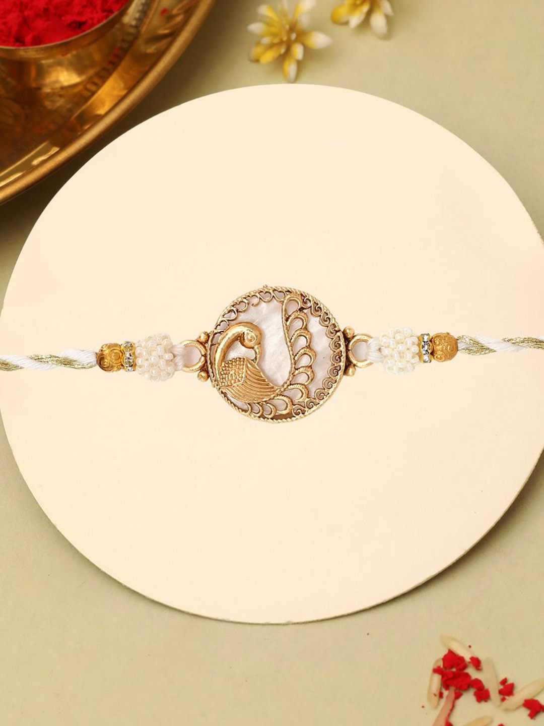 The Purple Tree Marble Studded & Beaded Peacock Thread Rakhi With Roli Chawal & Card