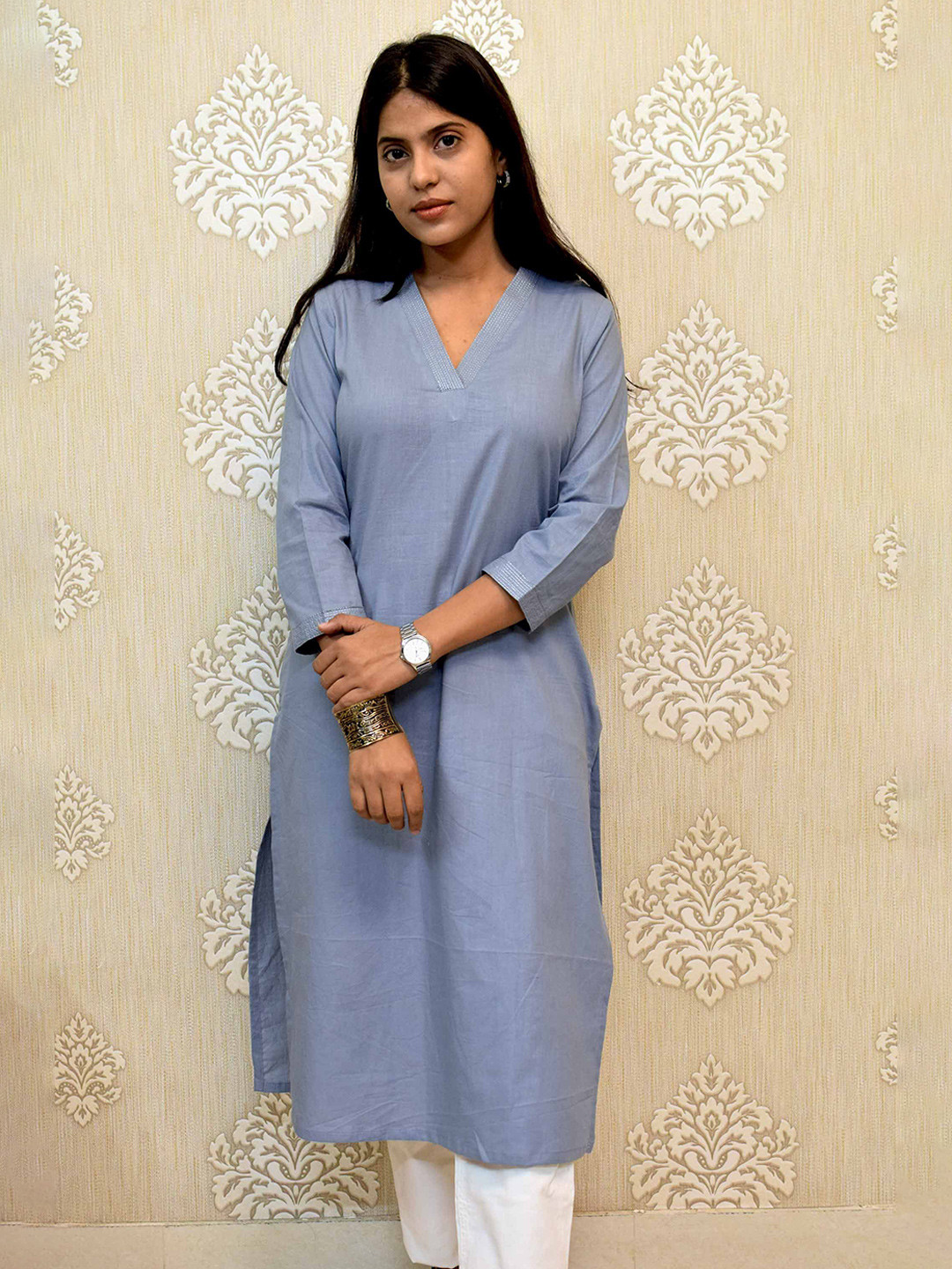 JAIPUR HAND BLOCK V Neck Thread Work Pure Cotton Straight Kurta