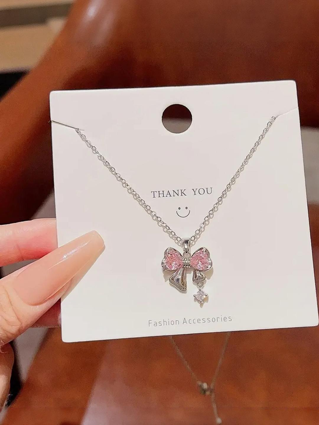 Brijsun Silver-Toned Women & Girls Pink Bow Crystal Drop Pendant Necklace