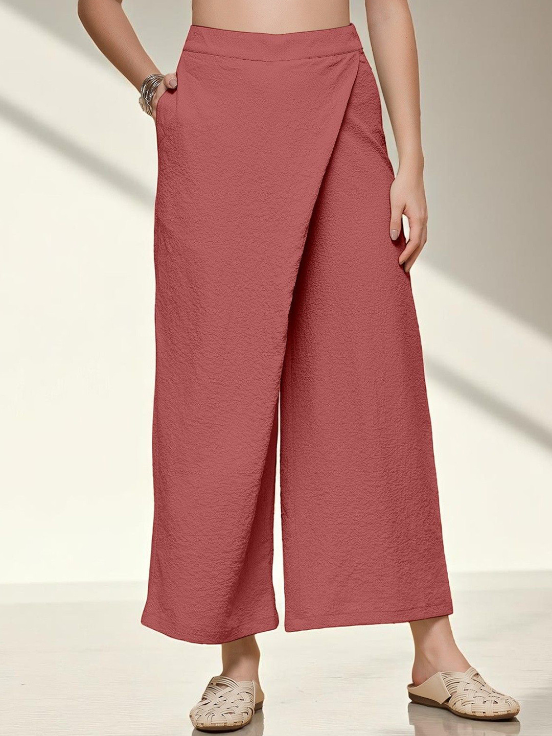 OOMPH! FACTOR Women Self Design Relaxed Ft High-Rise Wrinkle Free Trousers