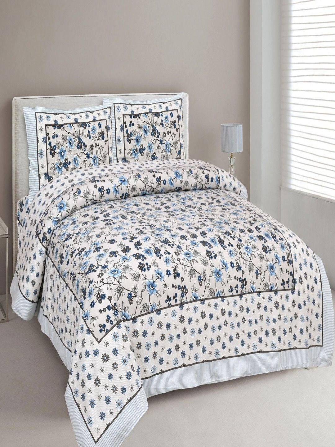 Bombay Spreads Off White & Blue Floral 180 TC Cotton King Bedsheet Set 2.74 m X 2.20 m