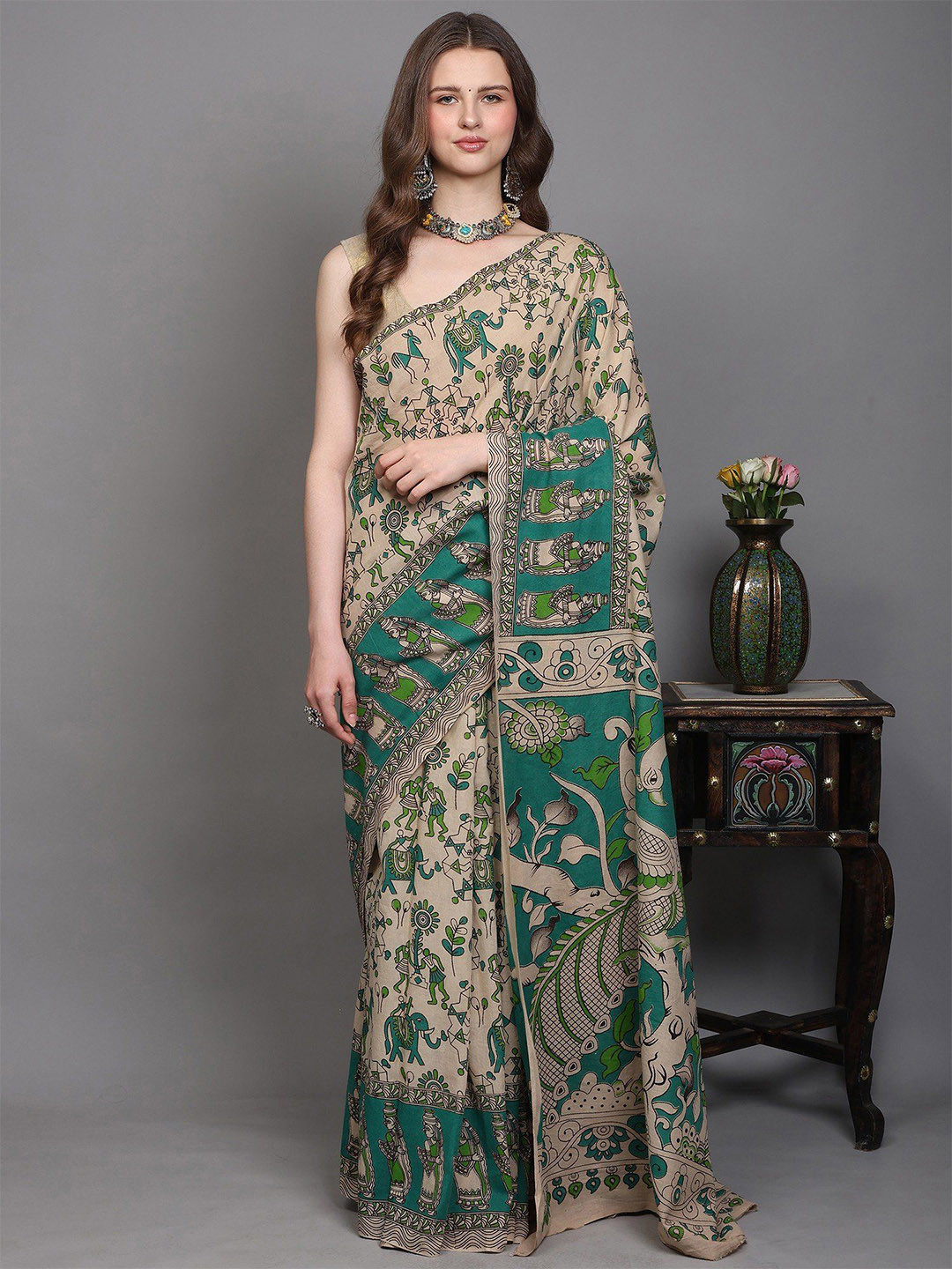Exotic India Kalamkari Saree with Printed Warli Folk Art Motifs and Peacock-Elephant