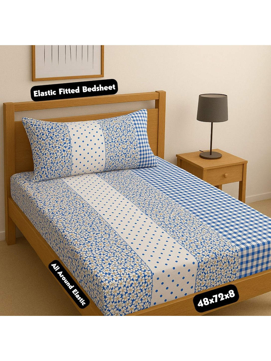 AMRANGE White & Blue Printed Fitted Cotton 180 TC Singal Bedsheet Set 1.2m x 1.8m