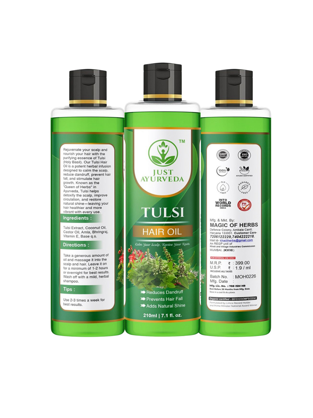 JUST AYURVEDA Set Of 2 Tulsi Hair Oil For Hair Fall Prevention - 210 ml Each