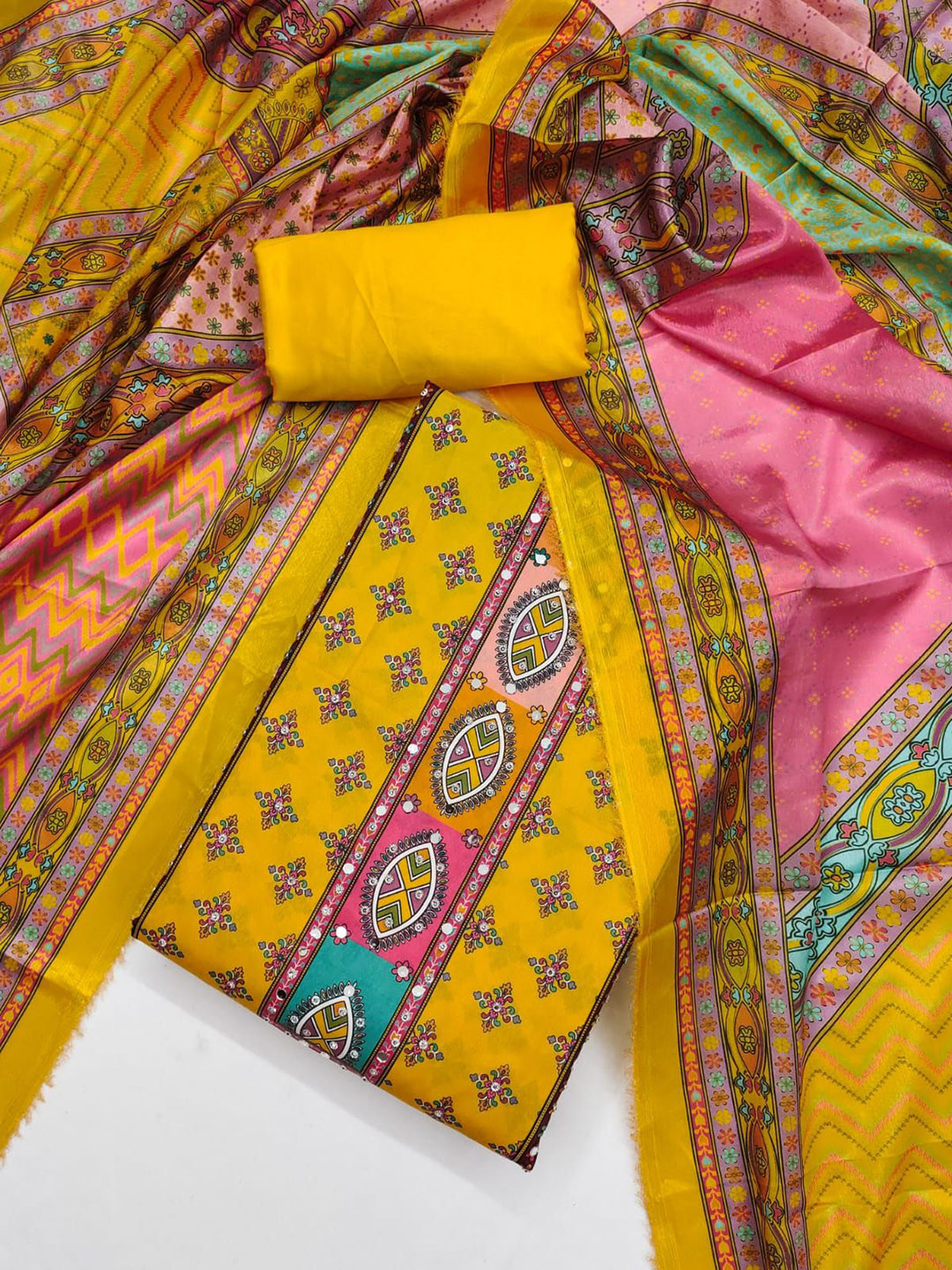 HE VAHLA Ethnic Motifs Printed Mirror Work Unstitched Dress Material