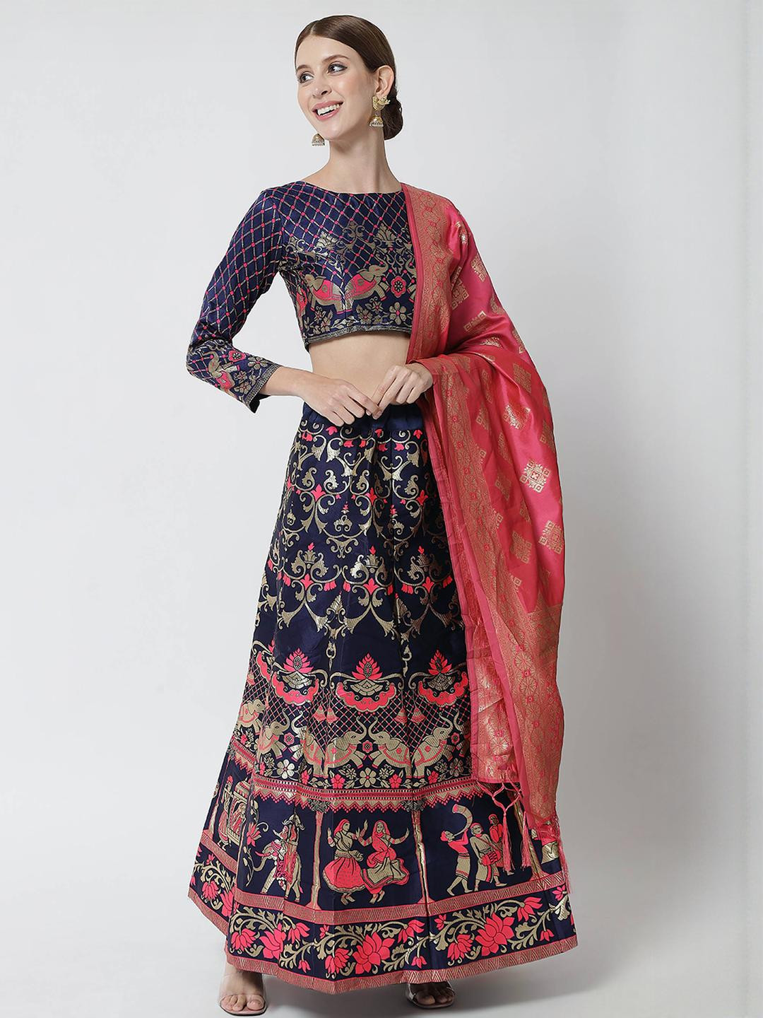 Mr Y Women Navy Blue & Pink Banarasi Silk Semi-Stitched Lehenga &  Blouse With Dupatta