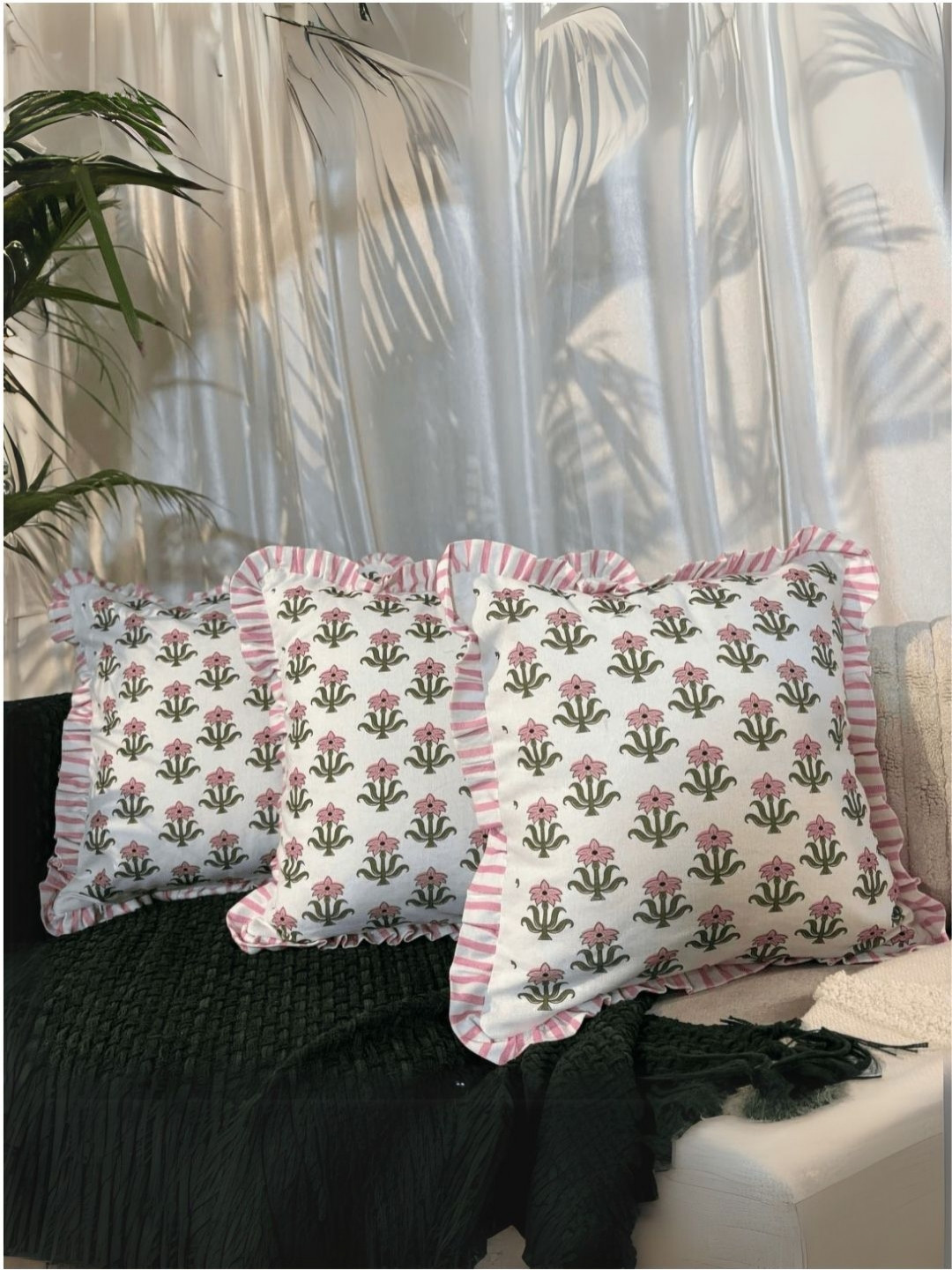 LUSHLYF Bloom Bazaar White & Pink 3 Pieces Floral Printed Cotton Square Cushion Covers