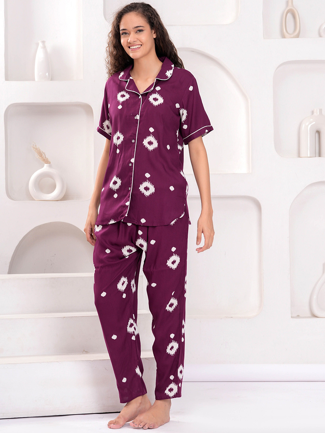OH MI DIOS Geometric Printed Lapel Collar Pure Cotton Shirt With Pyjama