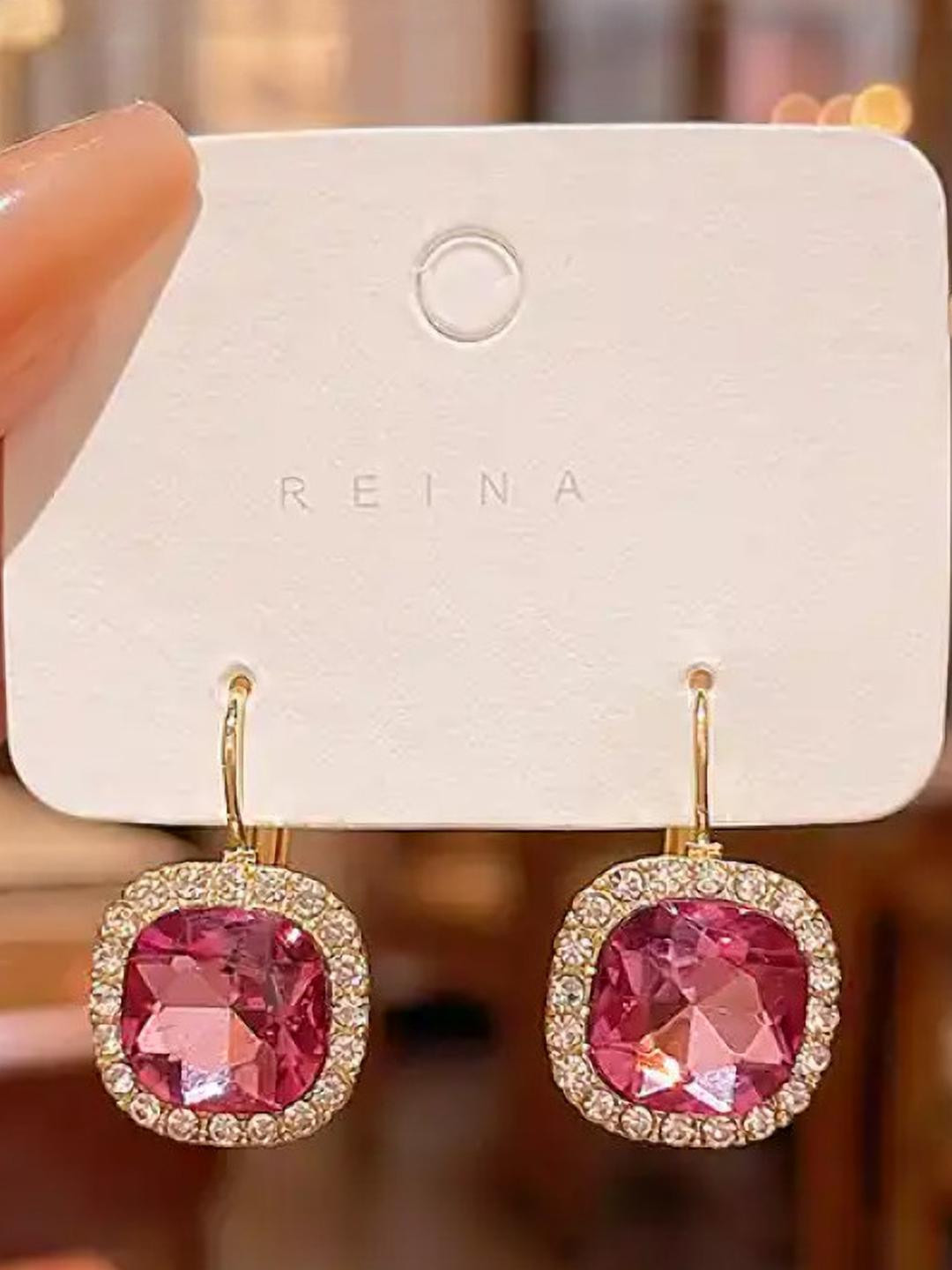 AKISON JEWELS Gold-Plated Pink Square Crystal Drop Earrings