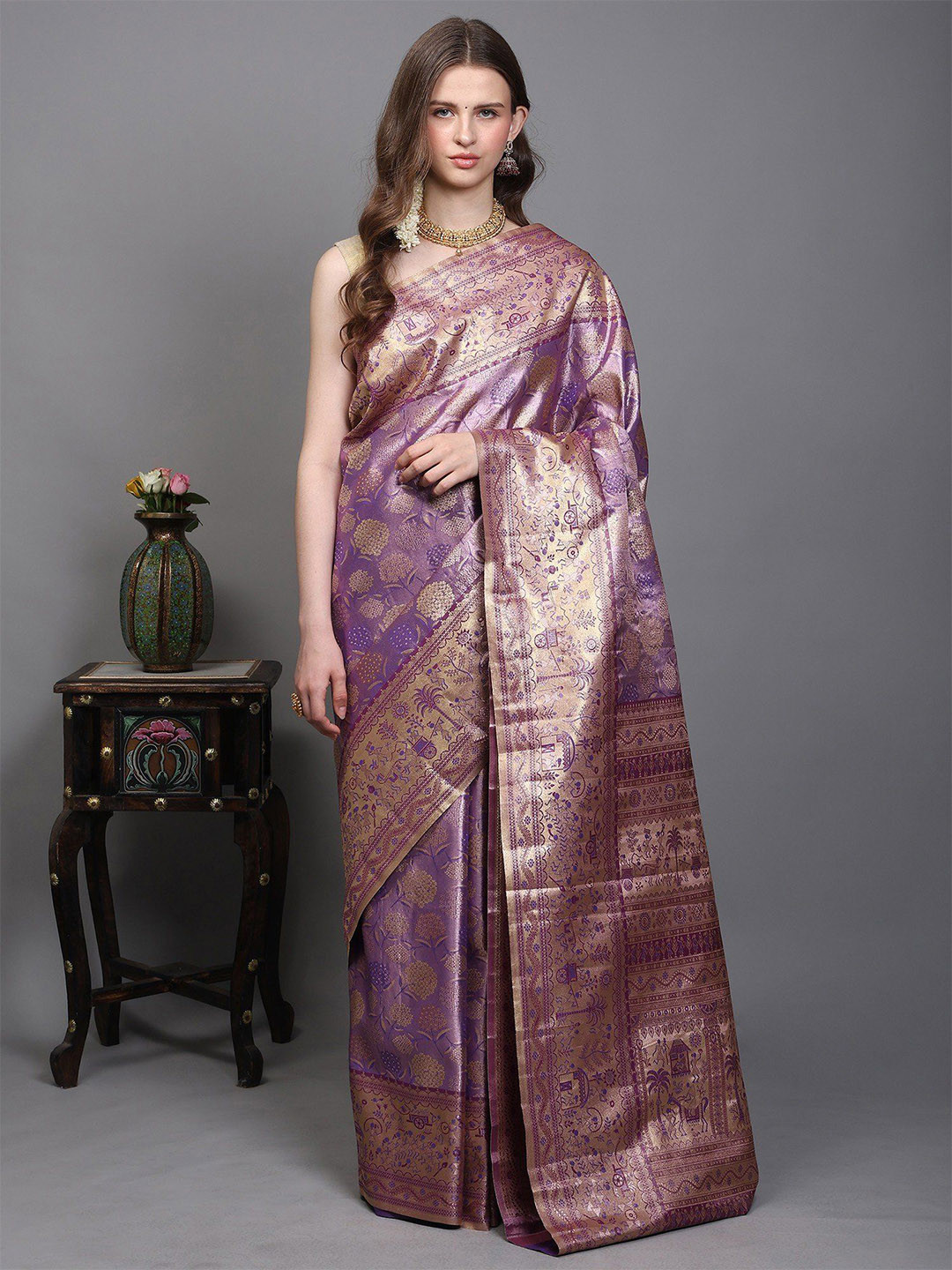 Exotic India Floral Woven Design Zari Saree Warli Art On Border Pallu