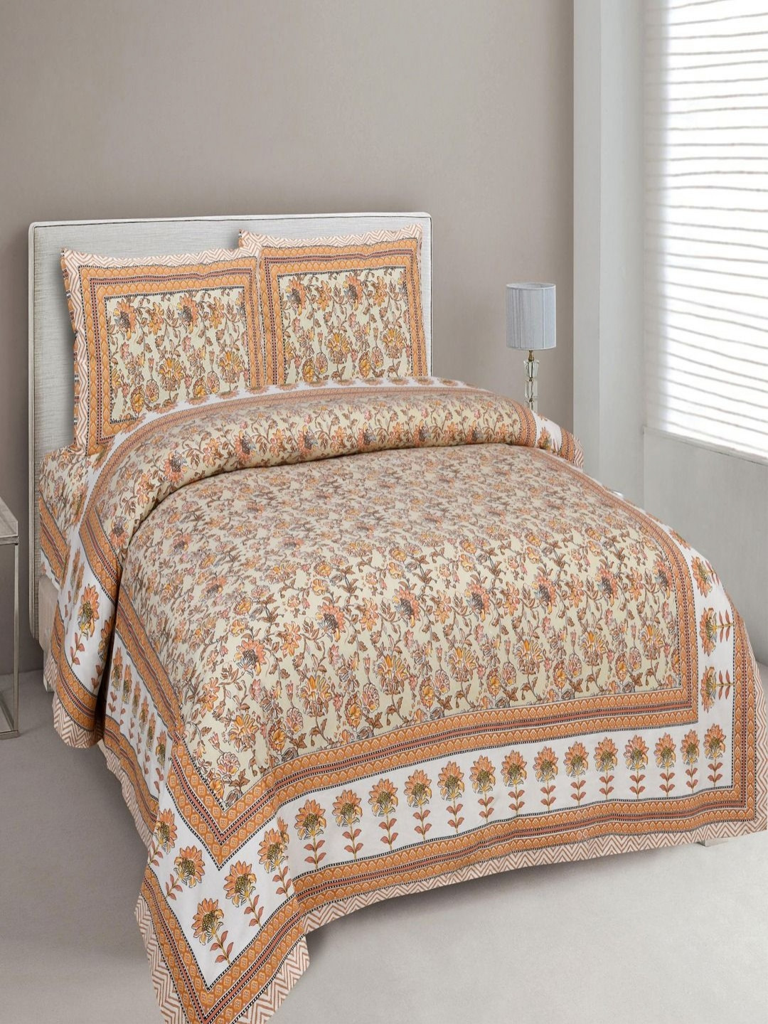Bombay Spreads Orange & Yellow Floral Cotton 180 TC King Bedsheet Set 2.74 m X 2.20 m