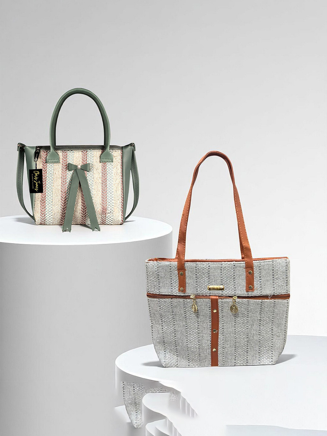 CLARIS JAMES Pack Of 2 Jute Brand Logo Self Design Crossbody Oversized Tote Bag