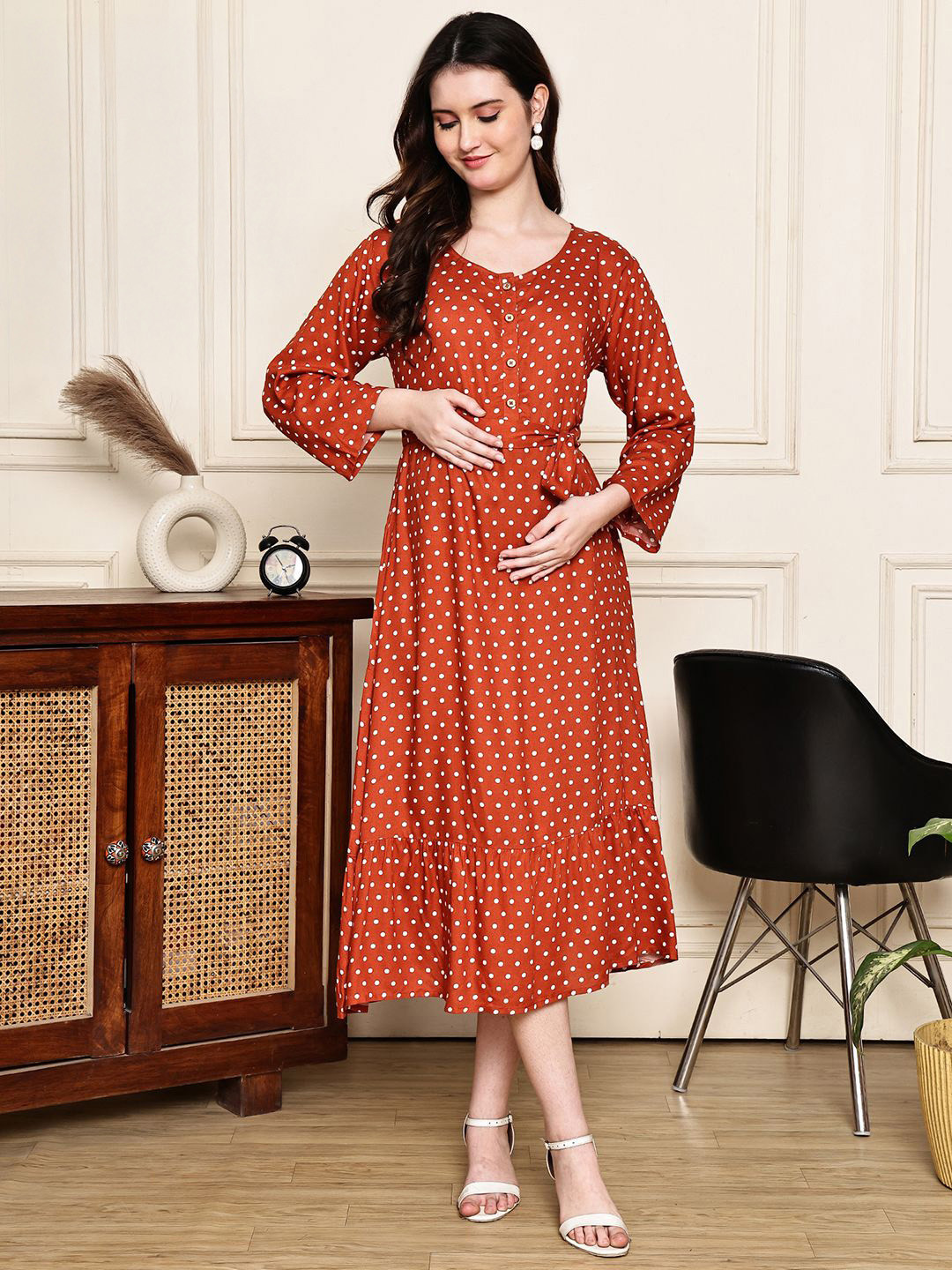 COLOR STUDIO Polka Dots Print Maternity Machine Wash Fit & Flare Midi Dress