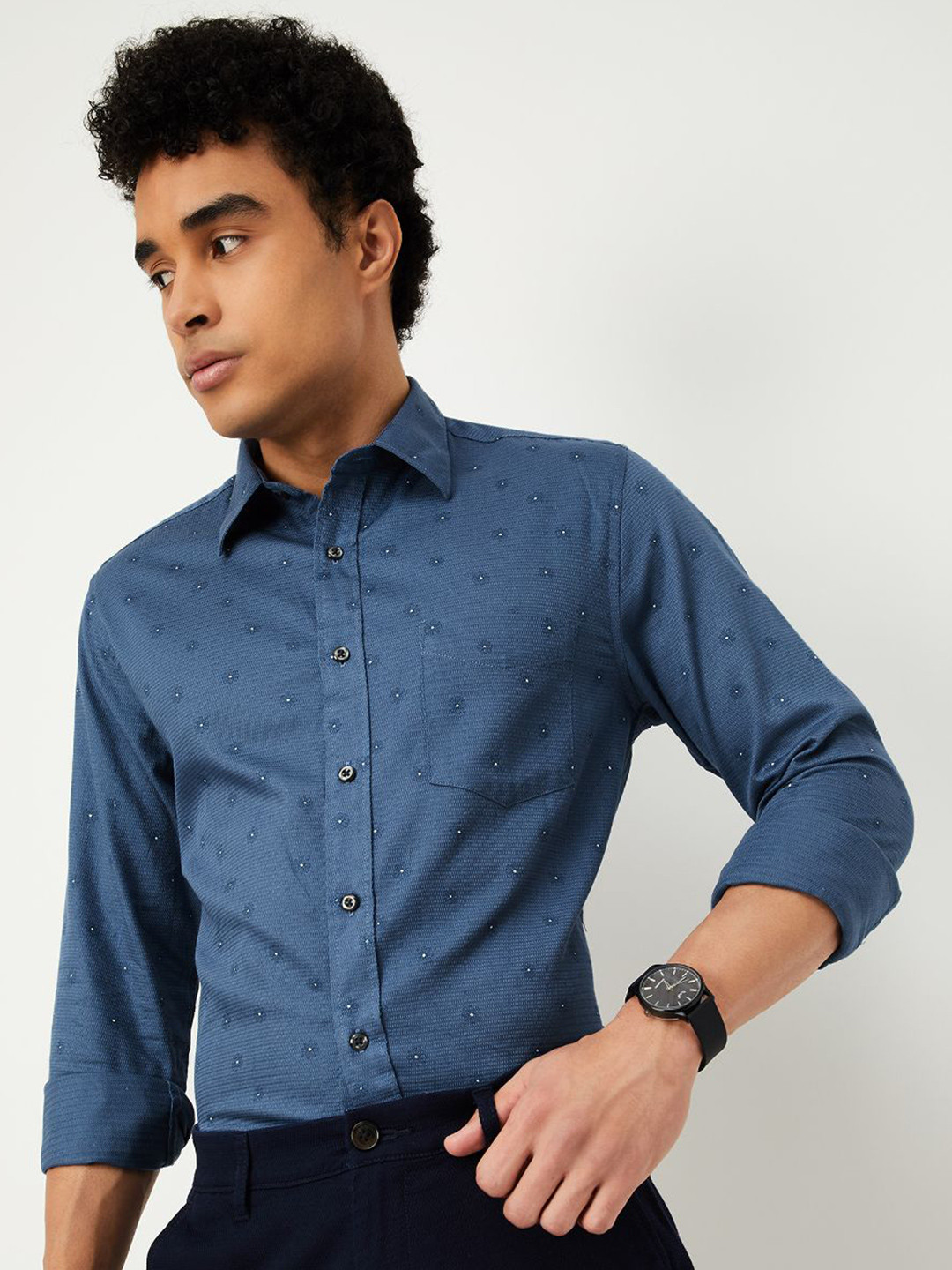 max Micro Ditsy Printed Long Sleeves Spread Collar Opaque Cotton Shirt