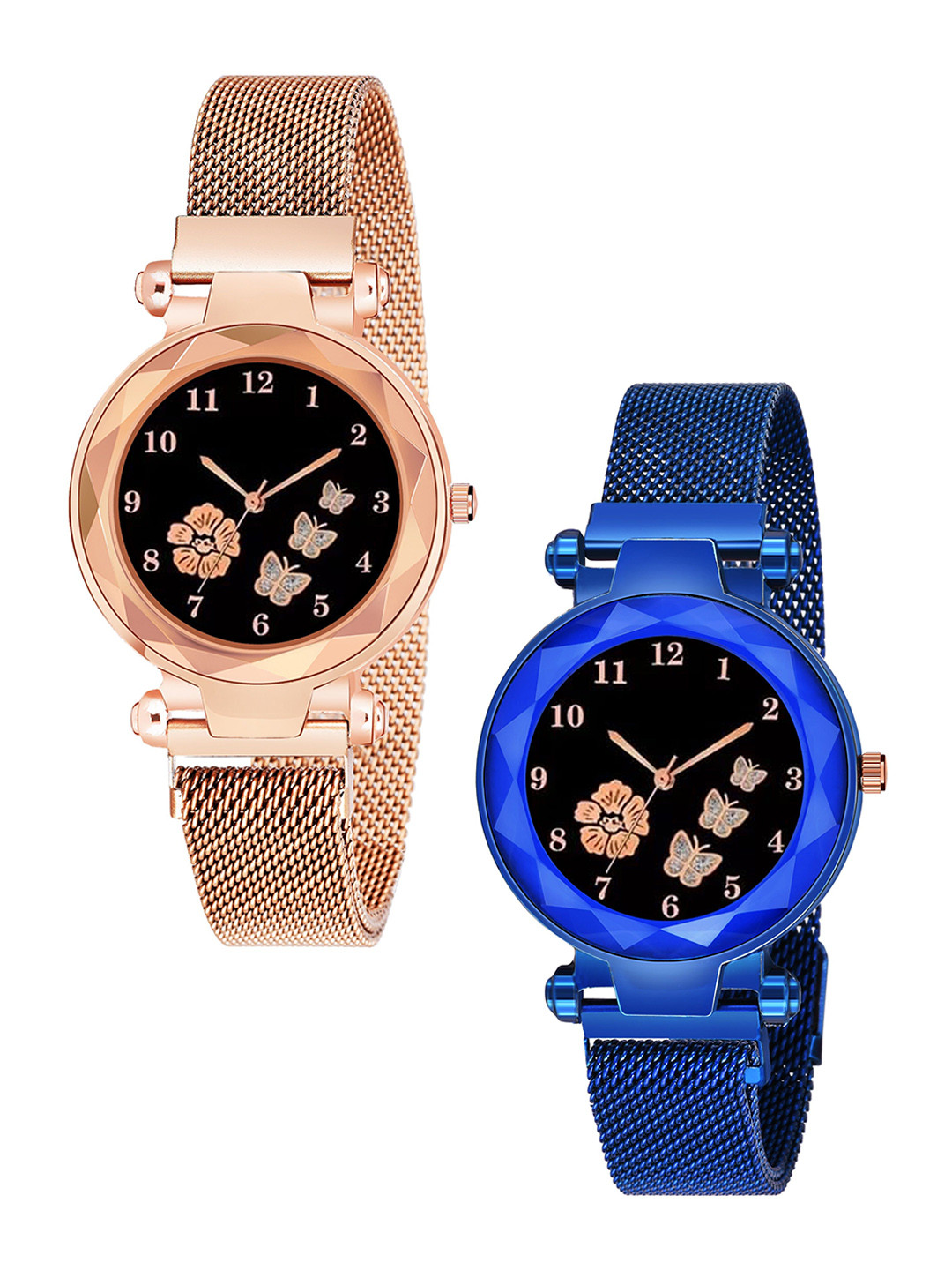 CERO Girls Pack Of 2 Flower Printed Magnetic Strap Analogue Watch Com2-FBF-Mag.-Gold-Blue