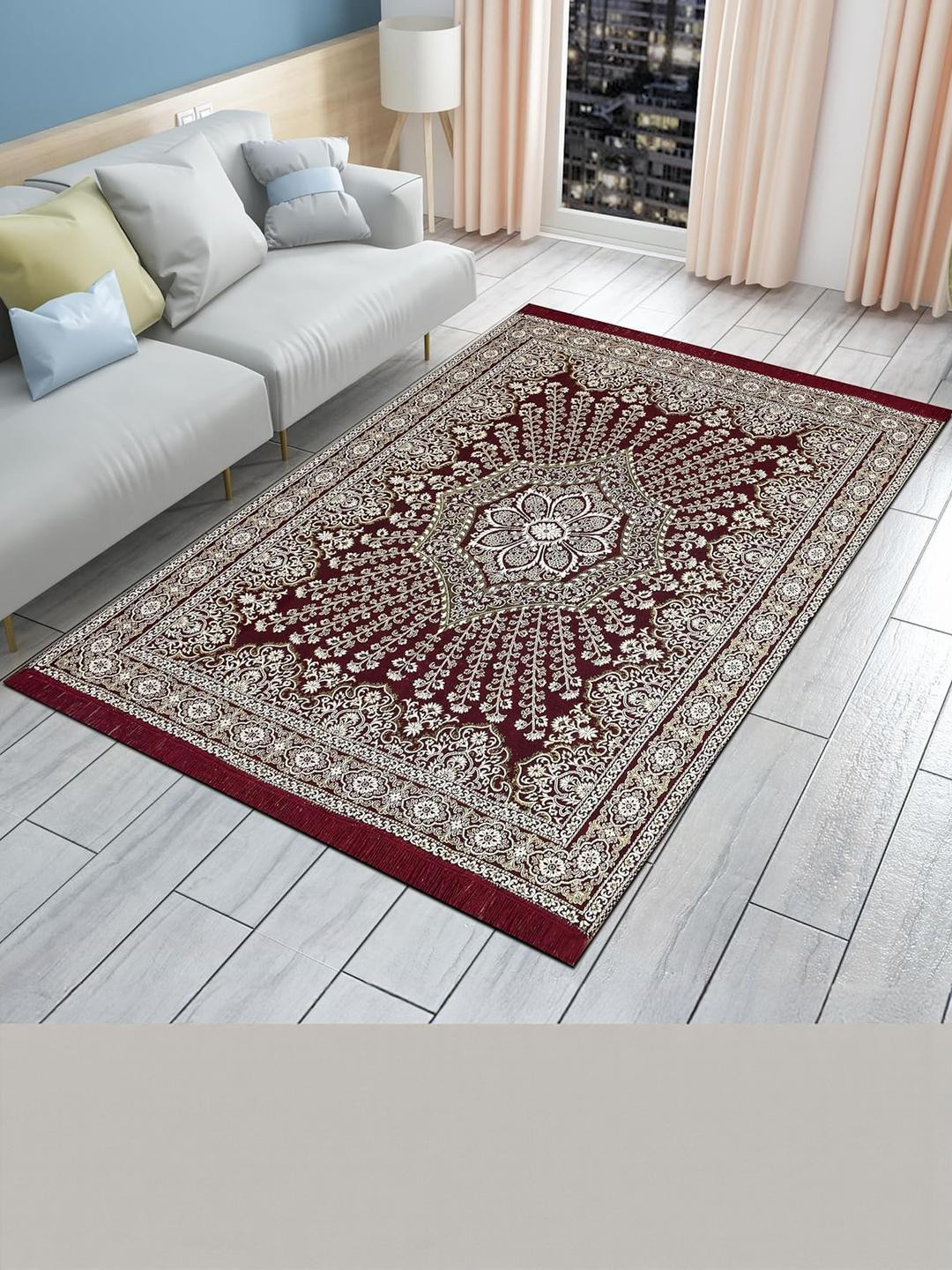 Furnishing Hut Maroon Floral Anti-Skid Cotton Carpet