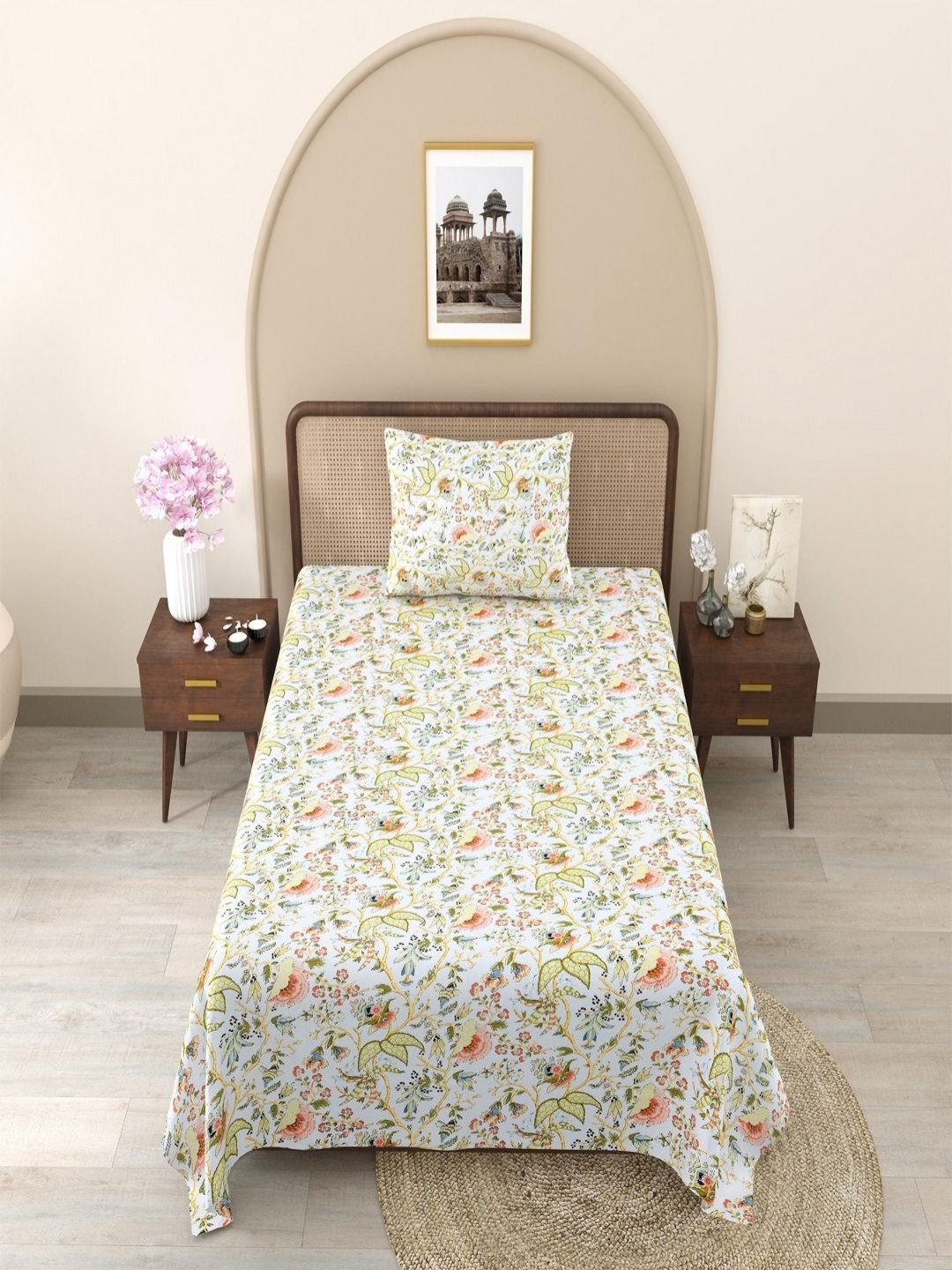 Bombay Spreads Orange & White Floral 180 TC Cotton Single Bedsheet Set 2.25 m X 1.50 m