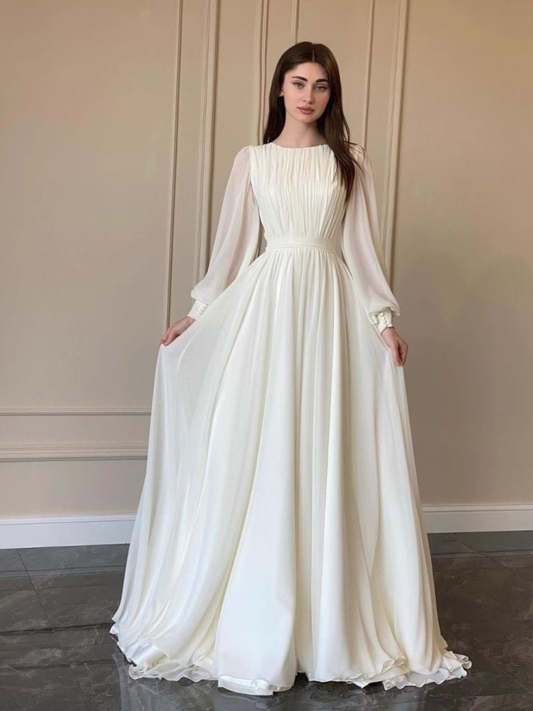 KPOP Women Solid Boat Neck Puff Sleeve Fit and Flare Maxi Dress