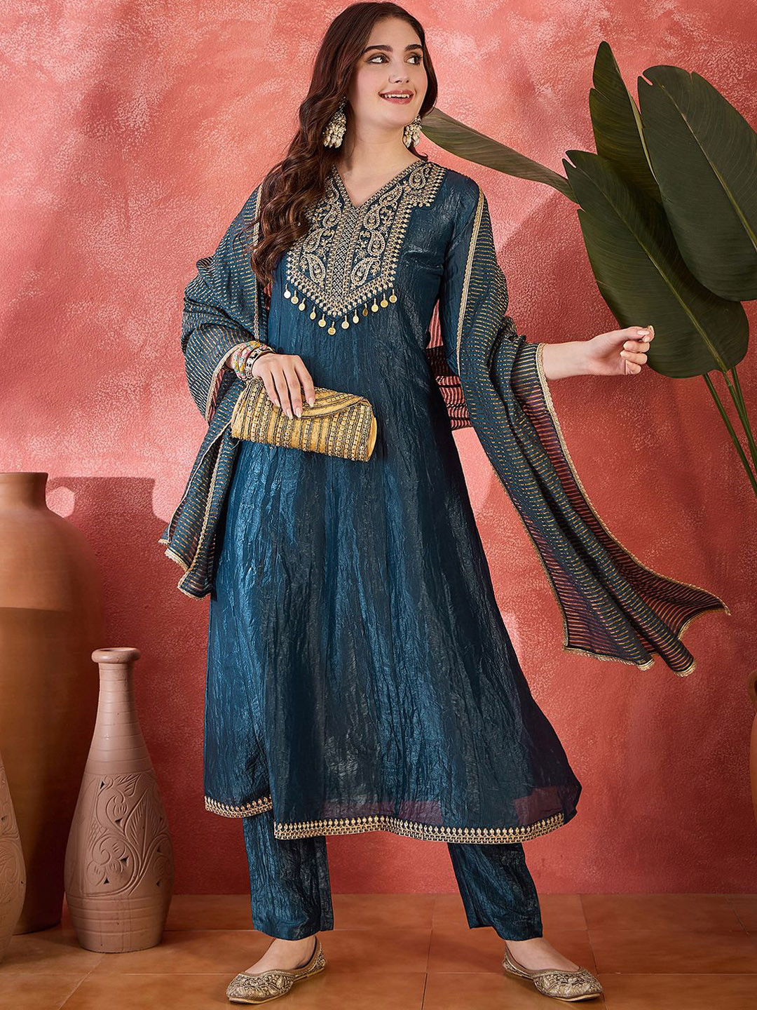 Sangria Women Paisley Embroidered Kurta with Trousers & Dupatta