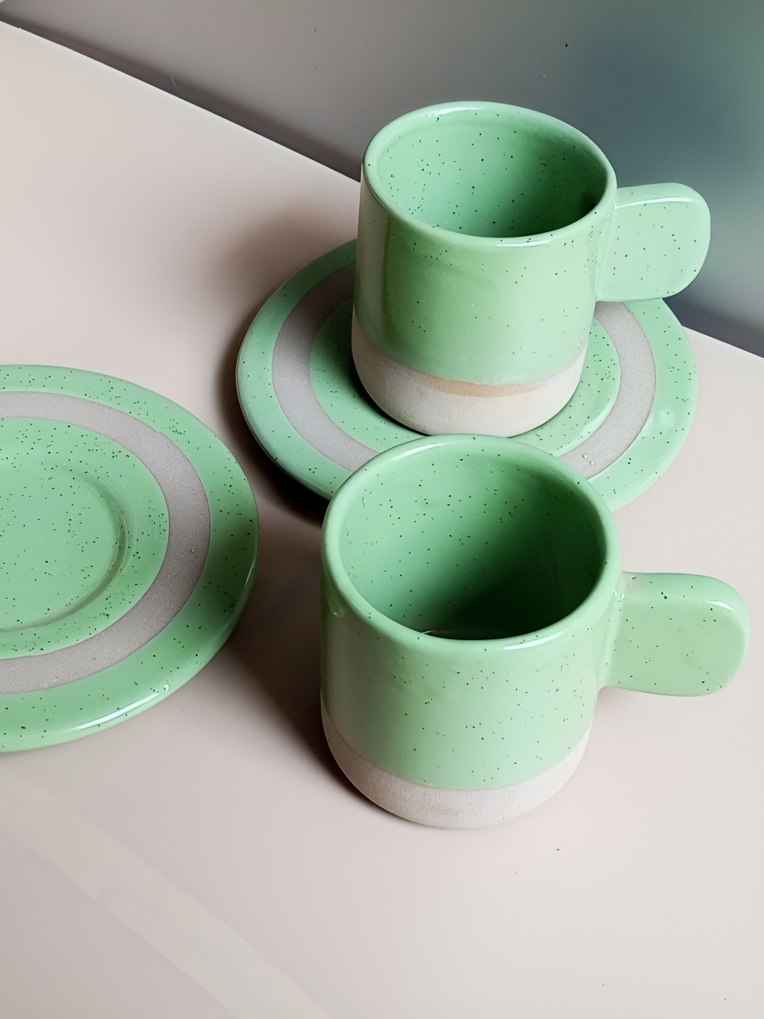 Lupaava Green Handcrafted and Hand Painted Solid Ceramic Matte Cups Set of Cups and Mugs
