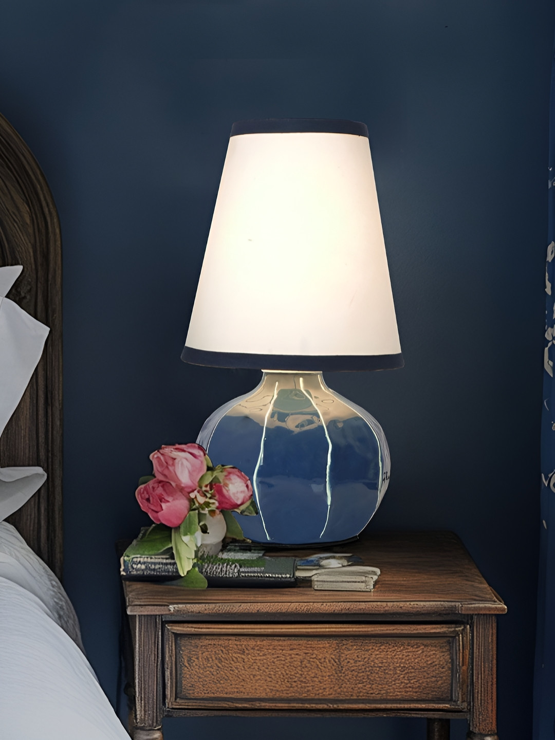 Fos Lighting Blue & White Printed Metal Frustum Shaped Table Lamp
