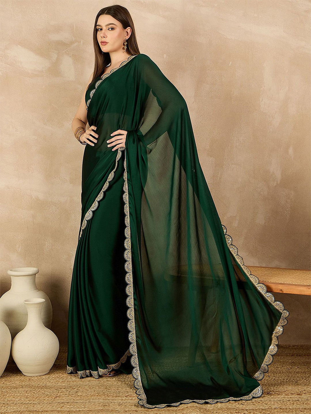 Anouk Sequinned Satin Saree With Embellished Boder