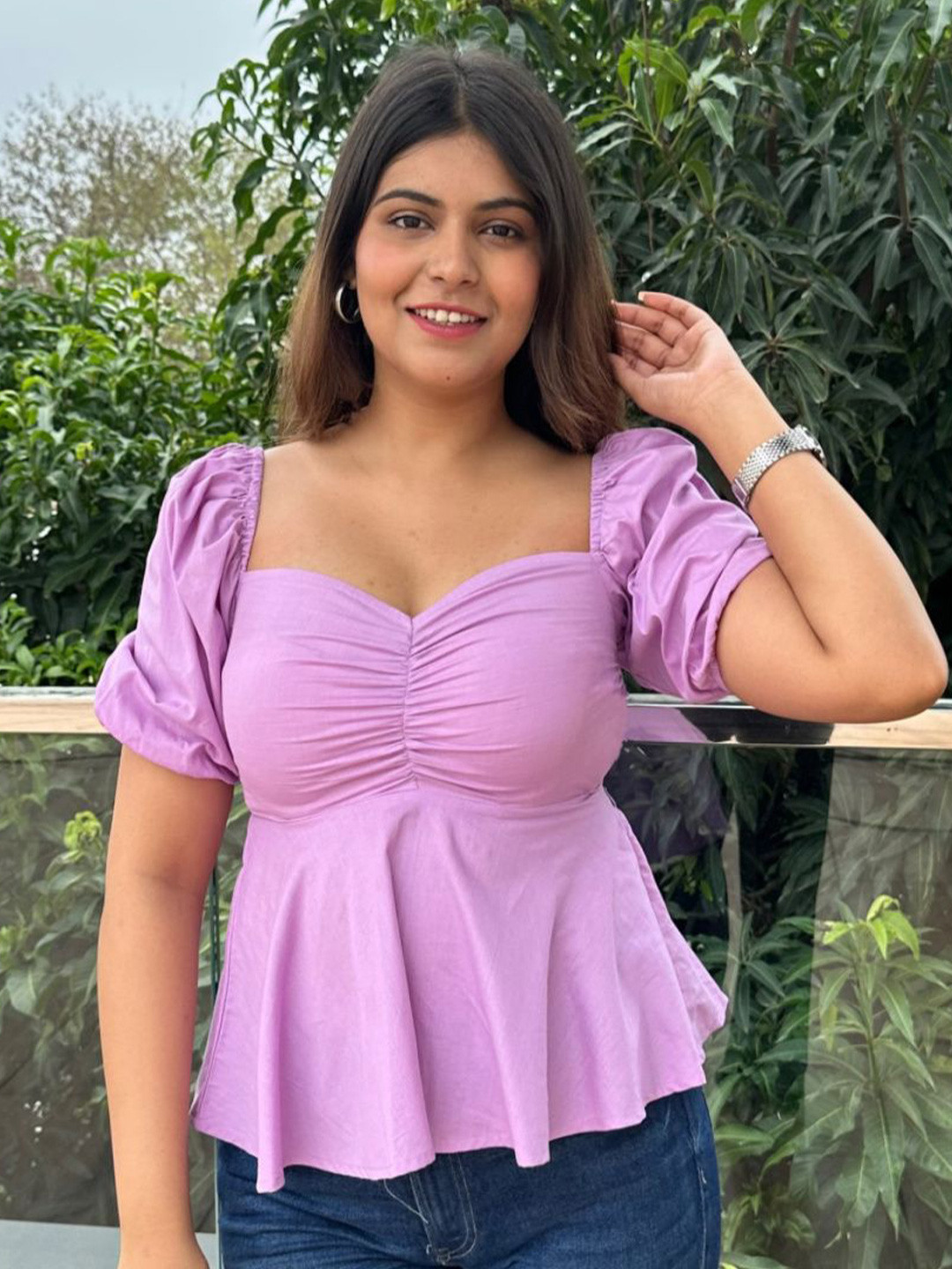 Myclo Print Sweetheart Neck Puff Sleeve Cotton Peplum Top