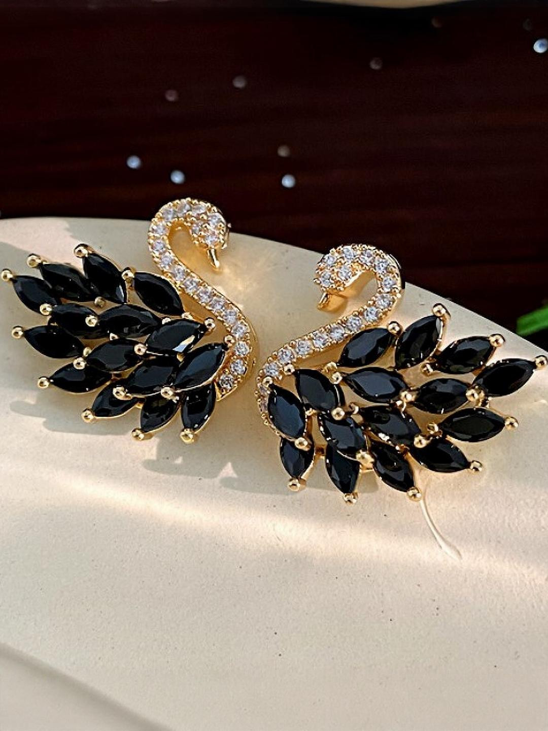 AKISON JEWELS Women Black & Gold-Toned Swan Shaped Earrings