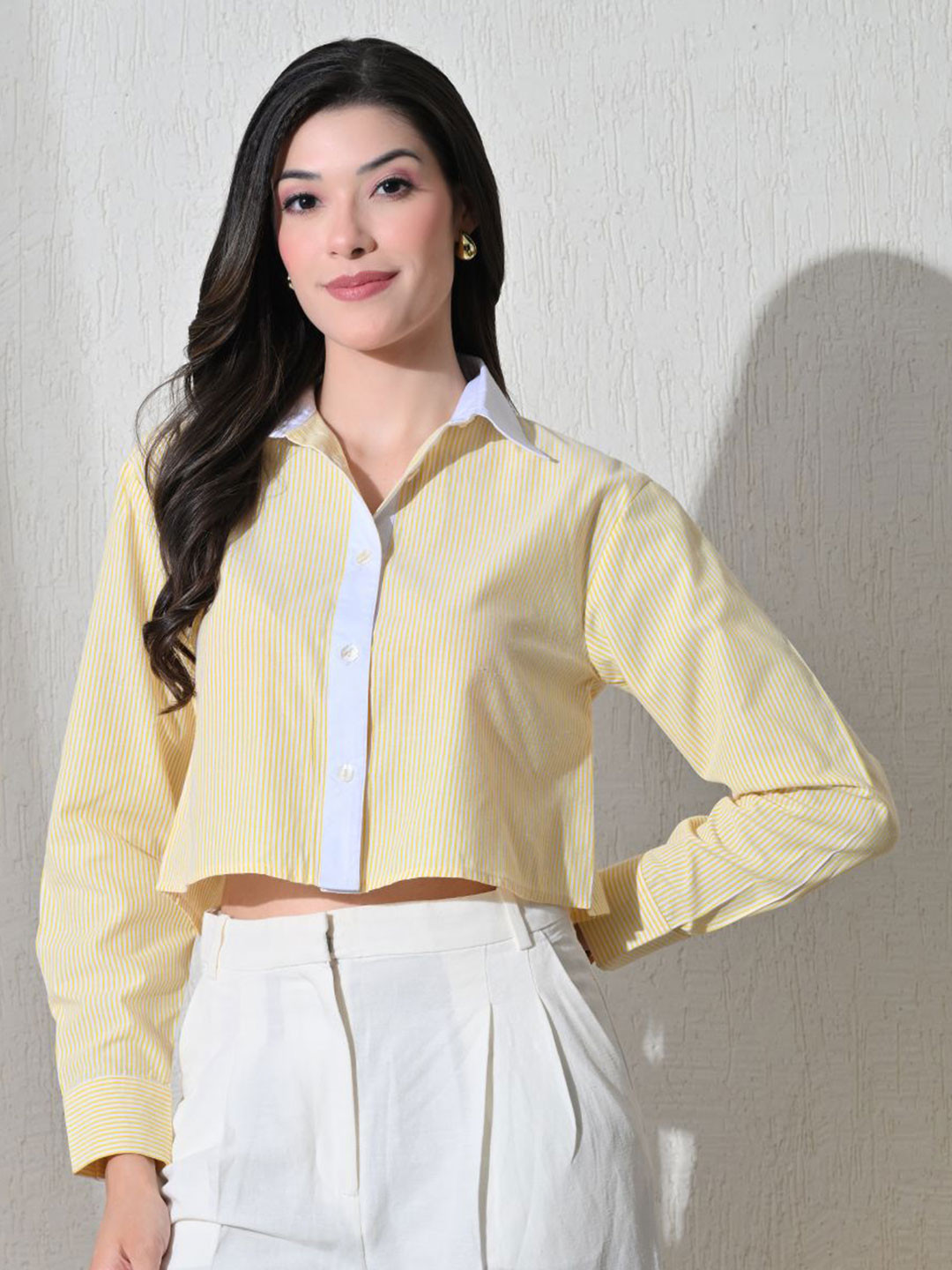 Ikonic klaer Comfort Striped Cutaway Collar Wrinkle Free Casual Cotton Crop Shirt