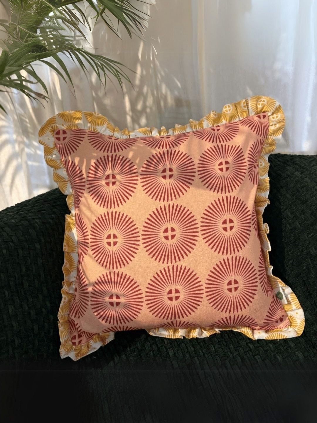 LUSHLYF Terracotta Sunburst Rust & Gold-Toned Printed Cotton Square Cushion Cover