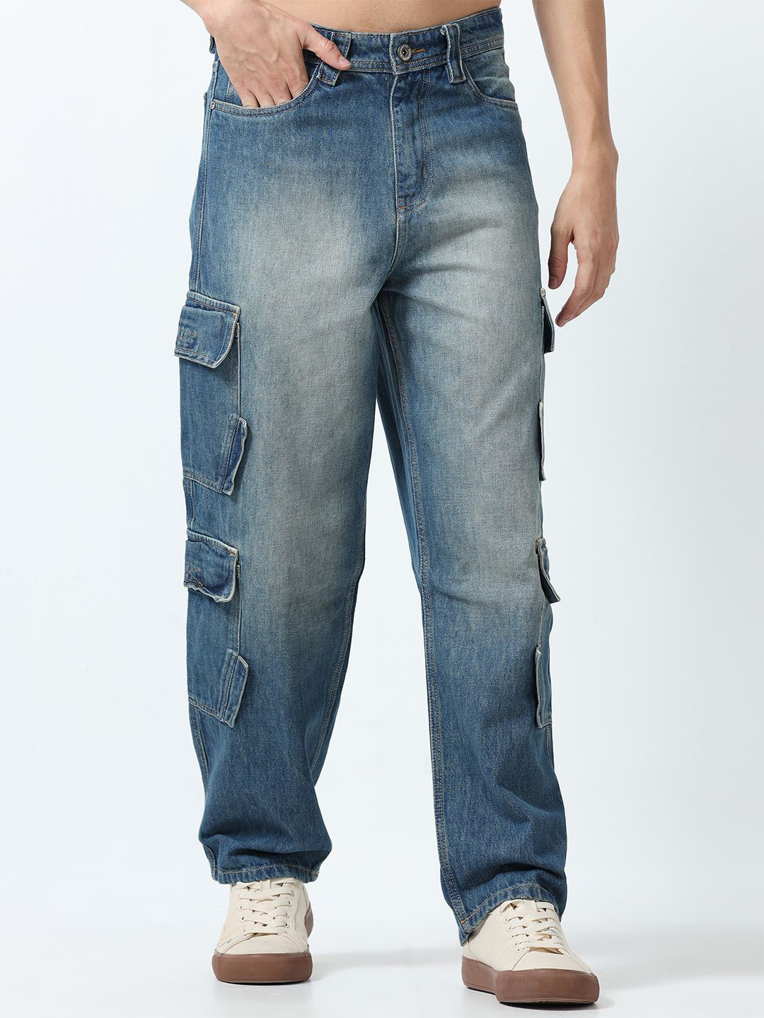 Espanshe Jemima Men Relaxed Fit Mid-Rise Heavy Fade Cargo Styles Jeans