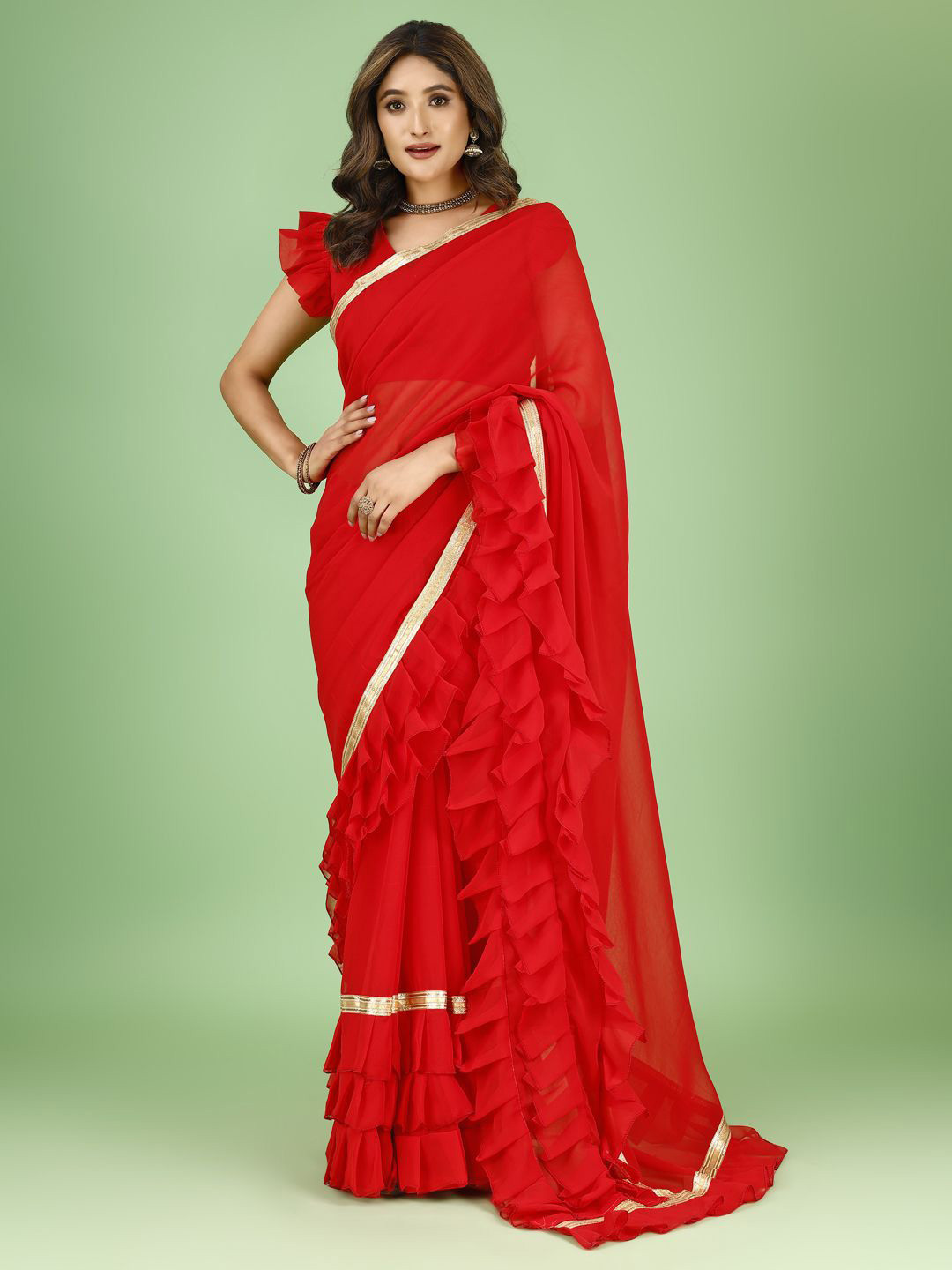 SAREEFLAME Ruffle Zari Border Pure Georgette Saree