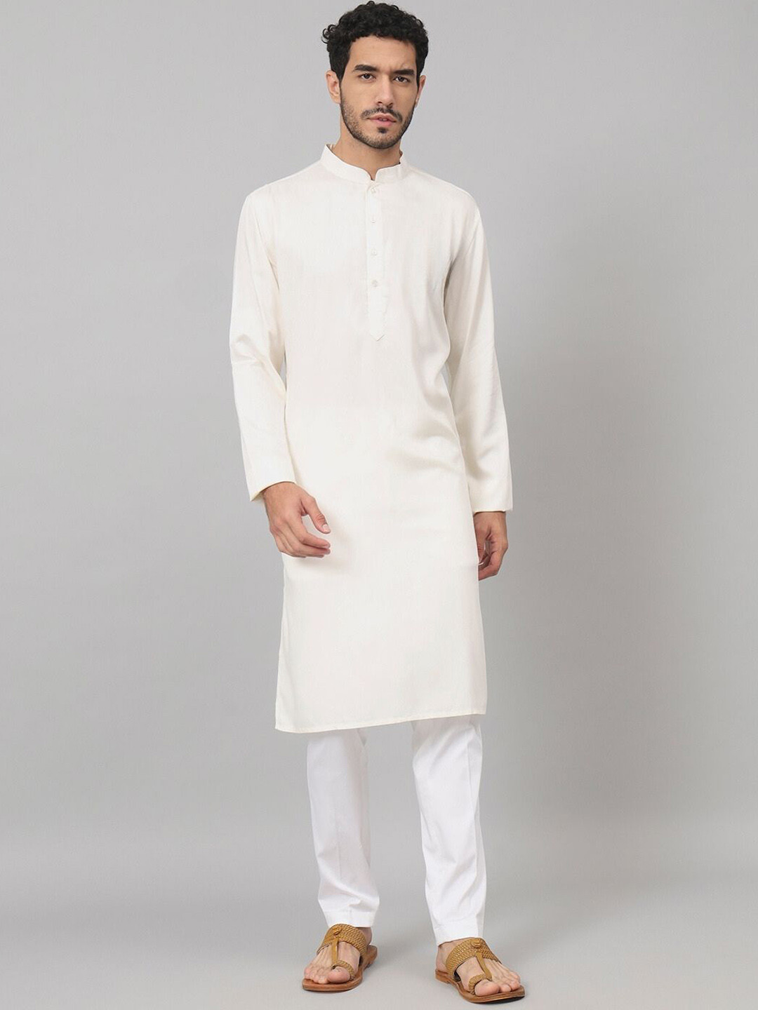 HILO DESIGN Giza Mandarin Collar Pure Cotton Straight Kurta With Trousers